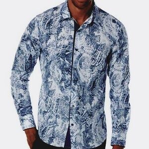 PERRY ELLIS White and Blue Modern Paisley Button Down Shirt Slim Fit - XL